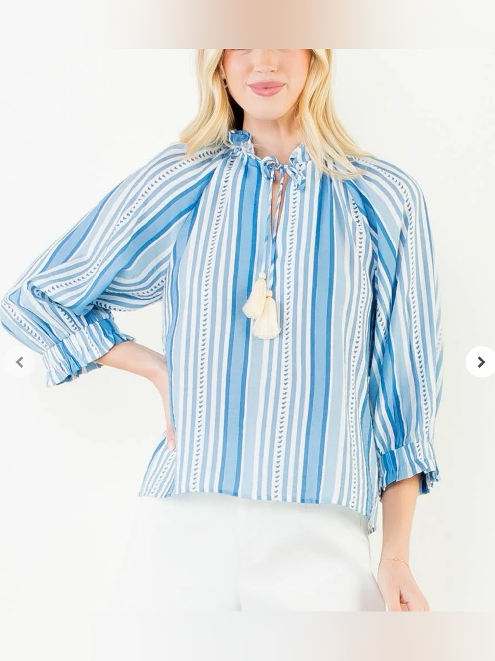 THML Thalia Blue & White Striped Tie-Neck Blouse Coastal Prep Boho Flair